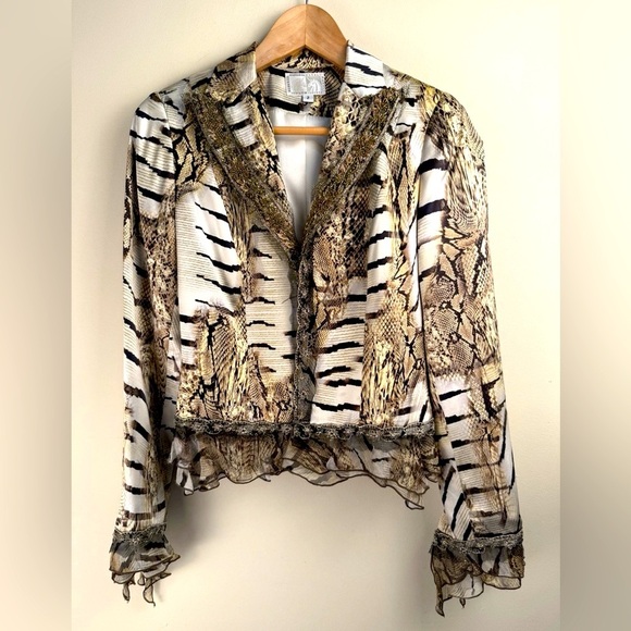 Vintage Albert Makali 100% Silk Animal Print Beaded Dressy Blazer Ruffle Hem 2 - Picture 1 of 14
